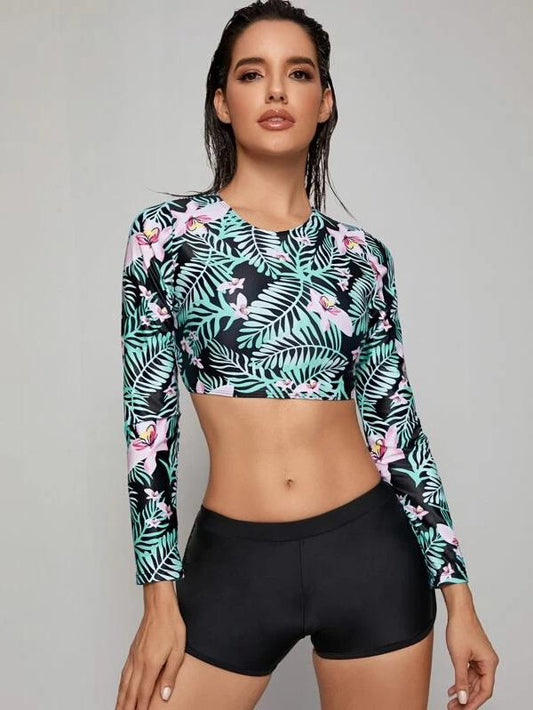 Floral-Print Long Sleeve Backless Tankini Swimsuit