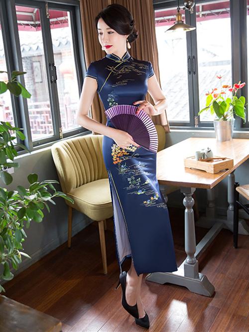 Navy Blue Printed Stand-collar Long Cheongsam