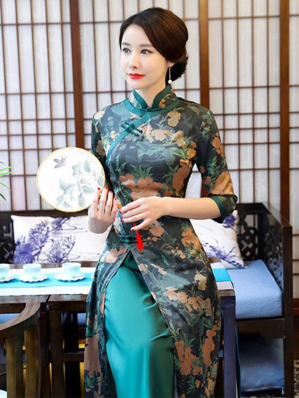 Autumn Flower Print Split-front Stand-collar Long Cheongsam