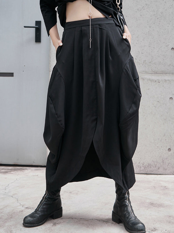 Stylish Black Cropped Split-Front High Waisted A-Line Skirts