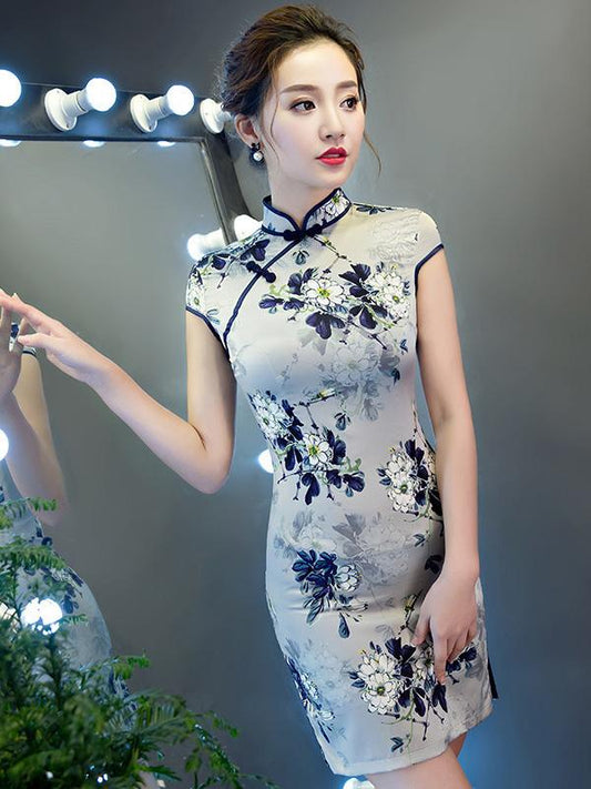 Gray Flower Print Short Cheongsam