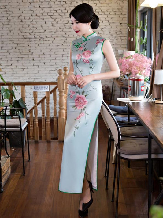 Flower Print Side Split Long Cheongsam