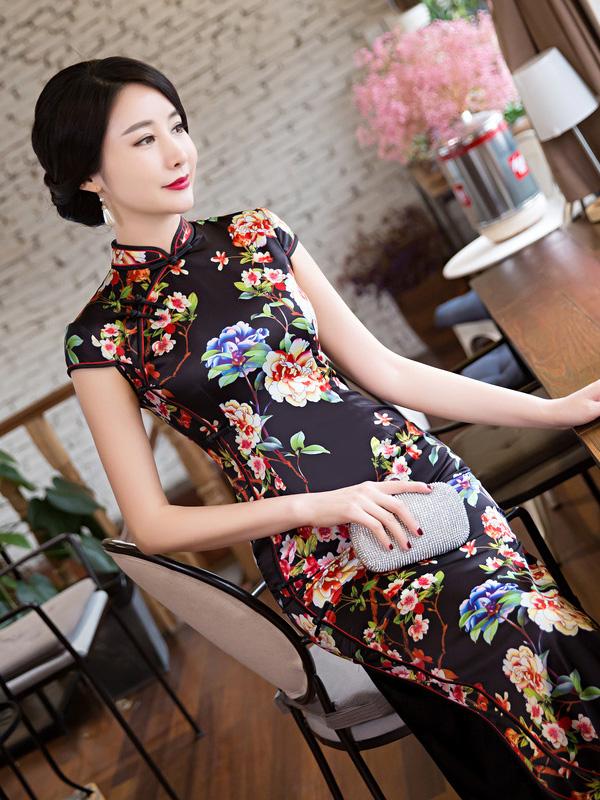 Black Floral Long Cheongsam Dress