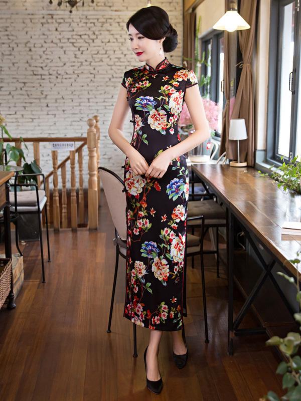 Black Floral Long Cheongsam Dress