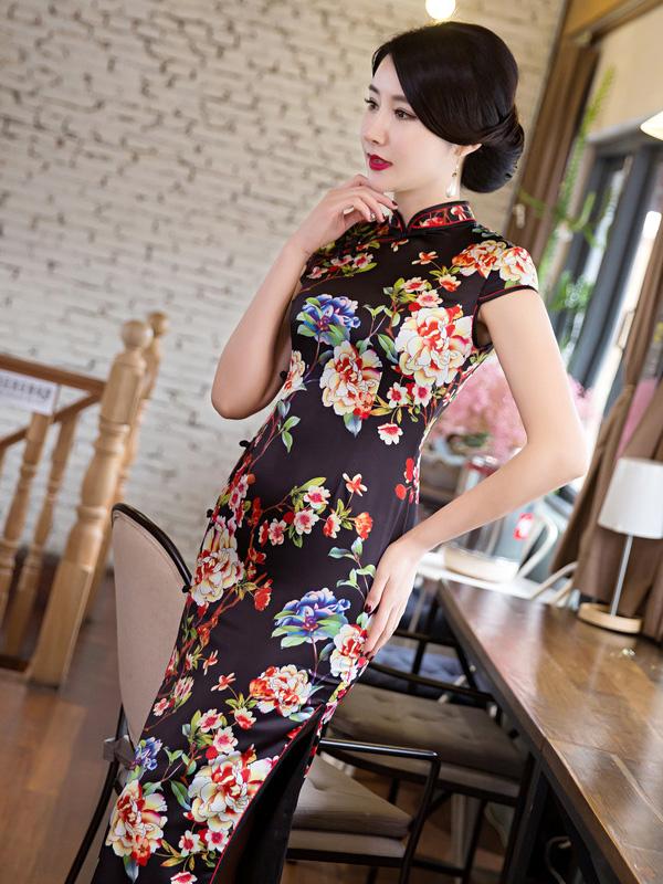 Black Floral Long Cheongsam Dress