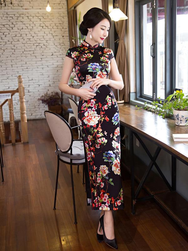 Black Floral Long Cheongsam Dress