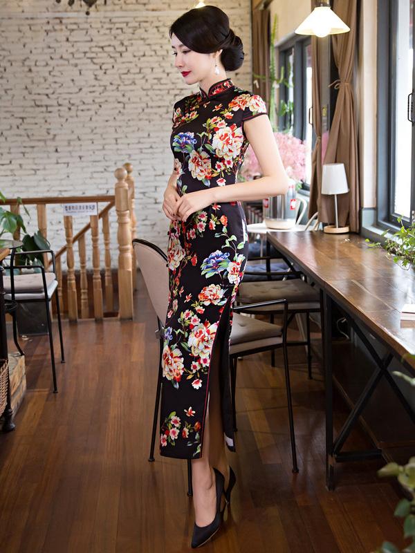 Black Floral Long Cheongsam Dress