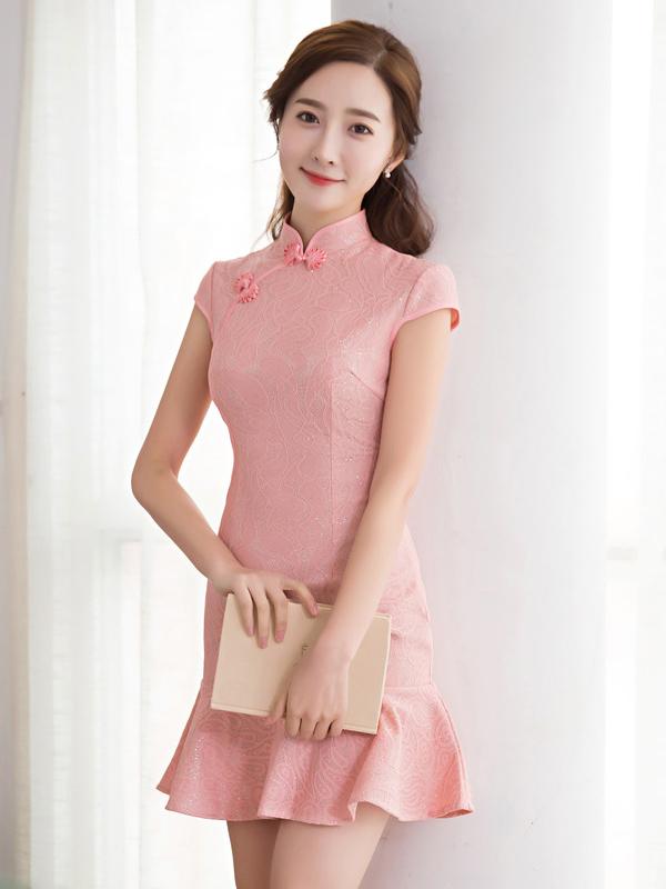 Pink Lace Mermaid Short Cheongsam Dress