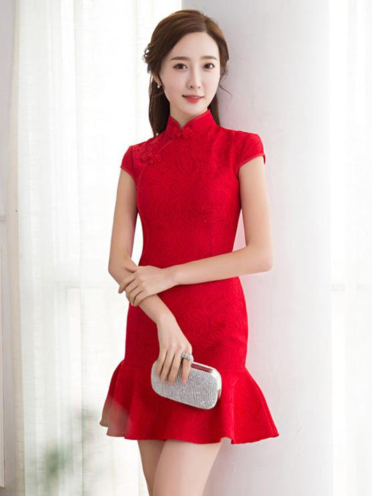 Red Lace Mermaid Short Cheongsam Dress