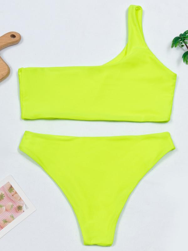 Sexy Single Shoulder Solid Color Split Bikini Swimsuit