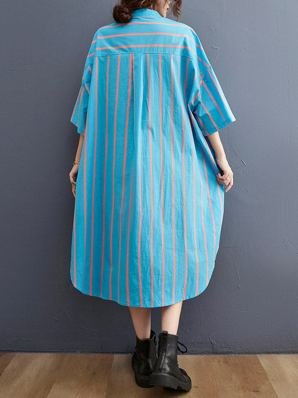 Stylish Striped Tied Buttoned Half Sleeves Lapel Collar Loose Midi Shirt Dress