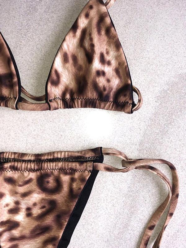 Sexy Triangles Leopard Print Bandage Split Bikini Swimsuit