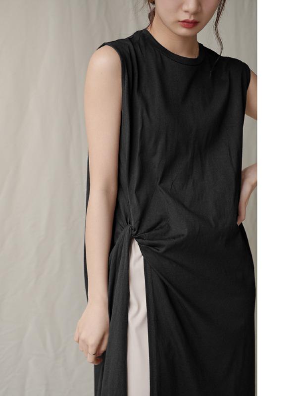 Casual Split-Side Sleeveless Ruffled Long Shirts