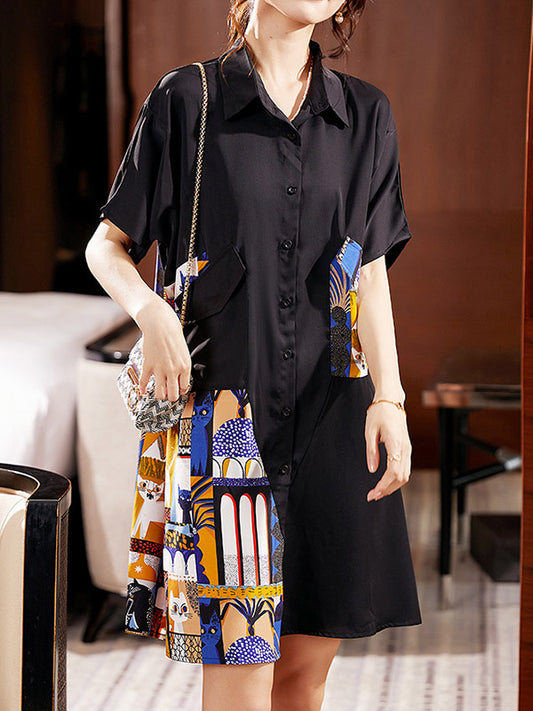 Casual Original Printed Split-Joint With Pocket Buttoned Lapel Collar Batwing Sleeves Loose Mini Shirt Dress