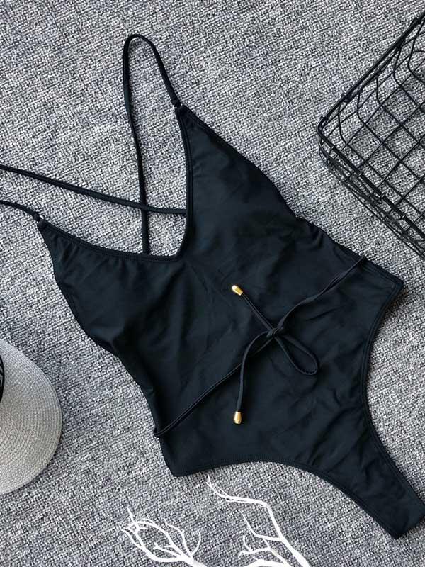 Spaghetti Strap Plain One Piece Swimsuit