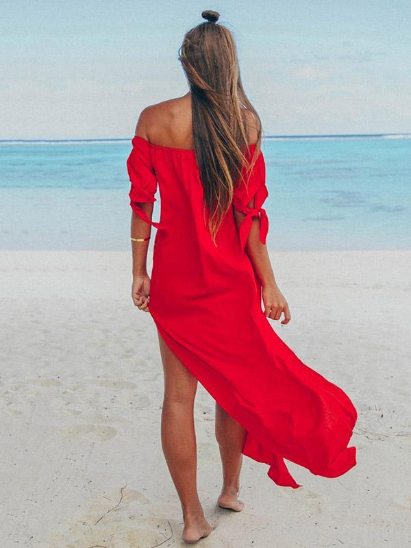 Off Shoulder Split-side Solid Beach Maxi Dresses