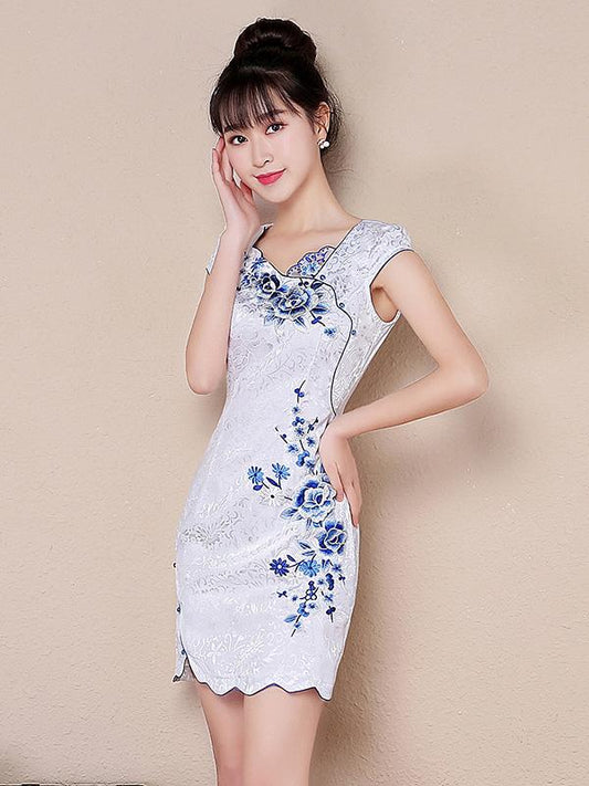 Jacquard Embroidered Short Cheongsam