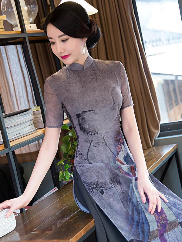 Vintage Print Stand-collar Ao Dai Long Cheongsam