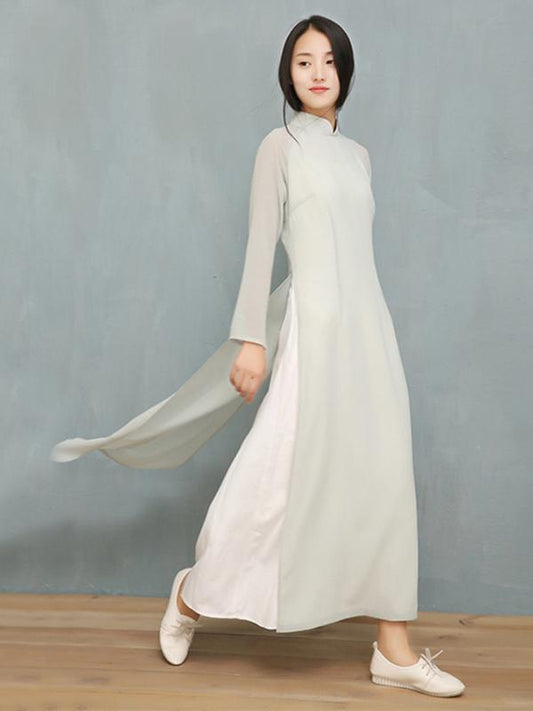 Light-Gray Split-side Long Ao Dai Cheongsam Dress