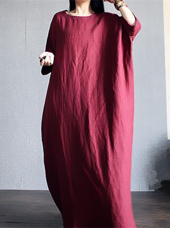 Original Casual Loosen Cotton Long Dress in Red and White Colors