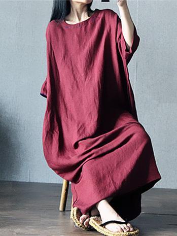 Original Casual Loosen Cotton Long Dress in Red and White Colors