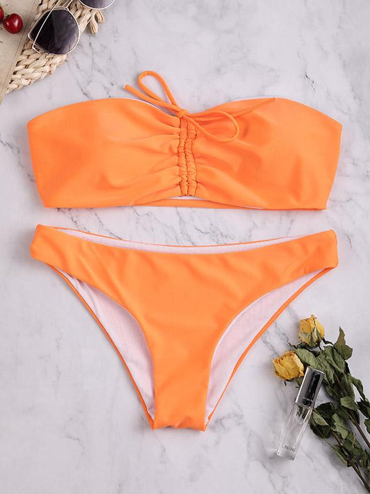 Sexy Strapless Drawstring Clear Color Split Type Bikini Swimsuit