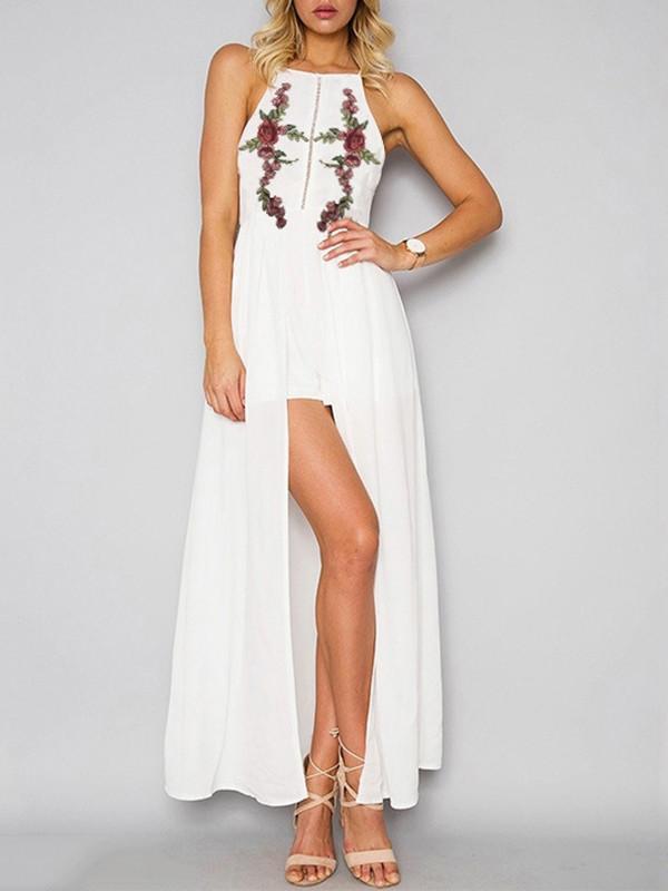 Fashion White Bohemia Floral Sleeveless Front Split Maxi Dress