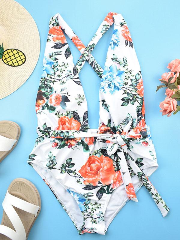 Flower Printed Tie One-piece Swimsuit