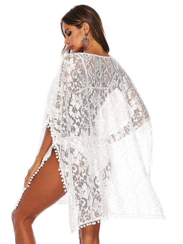 Sexy Solid White Loose Beach  Lace Cover-Up