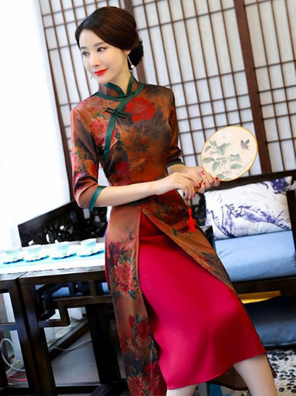 Autumn Flower Print Split-front Stand-collar Long Cheongsam