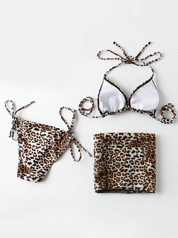 Triangle Tie-Side Leopard Printed Bikini Swimwear+Leopard Cover-Up Three-Pieces Set