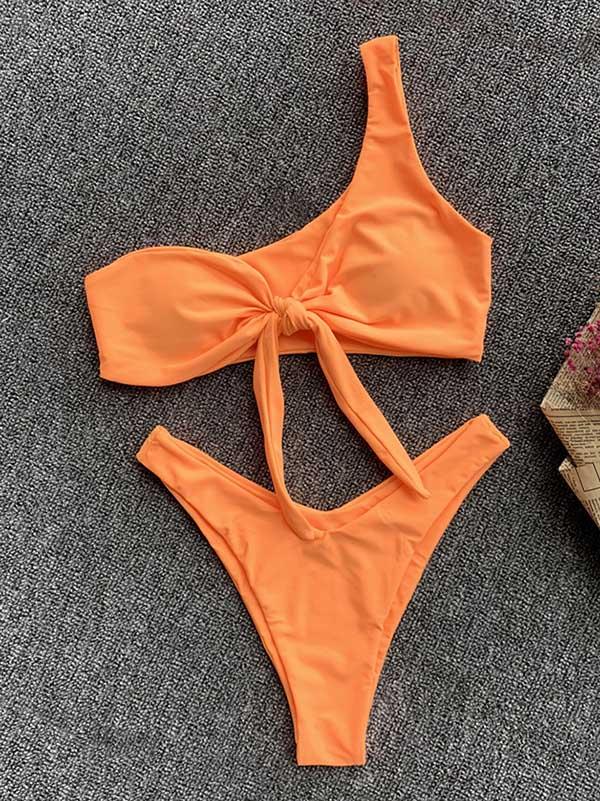 One-Shoulder Knotted Split Bikini Swimsuit