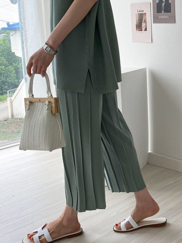 Casual Solid Color Split-Side Round-Neck Batwing Short Sleeves T-Shirt+Pleated Wide Leg Pants 2 Pieces Set