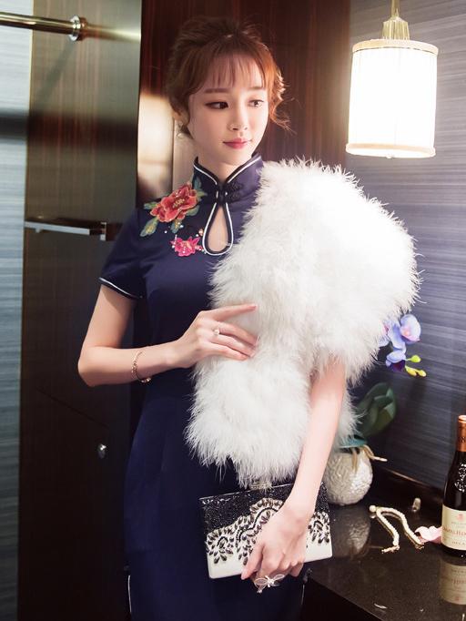 Navy-blue Floral Long Cheongsam Evening Dress