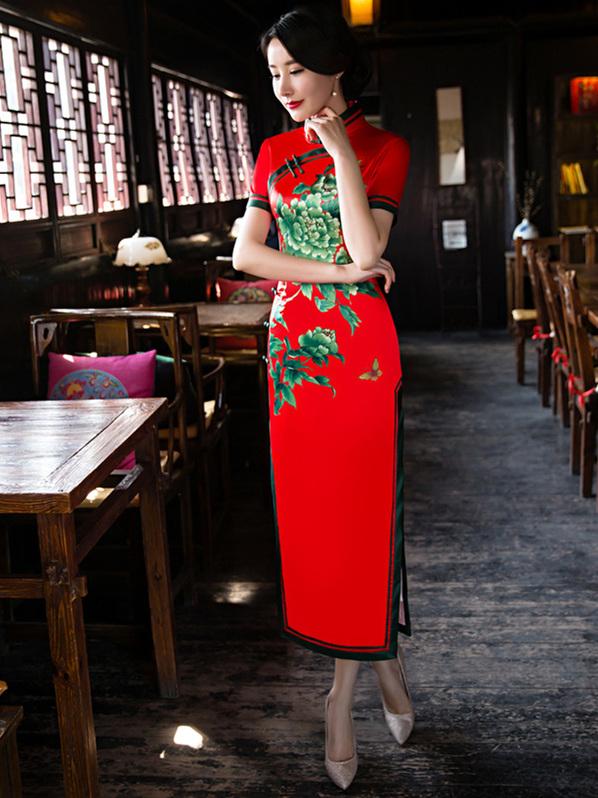 Red Peony Flower Side Split Long Cheongsam