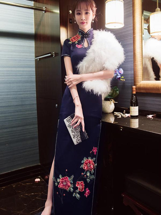 Navy-blue Floral Long Cheongsam Evening Dress