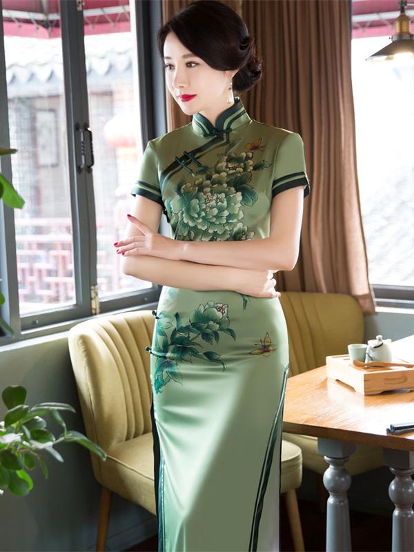 Green Peony Flower Side Split Long Cheongsam