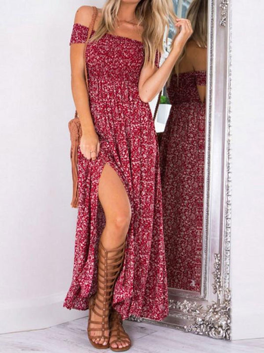 Beautiful Polka-dot Off Shoulder Side Split Maxi Dress