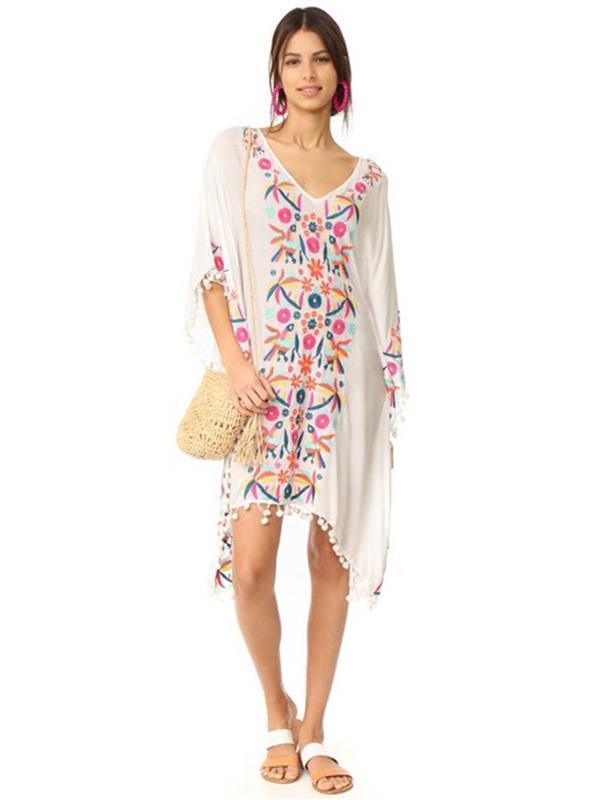 Bohemia Tassels Embroidered Loose Midi Dress Cover-Ups