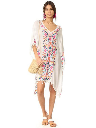 Bohemia Tassels Embroidered Loose Midi Dress Cover-Ups