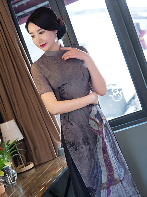 Vintage Print Stand-collar Ao Dai Long Cheongsam