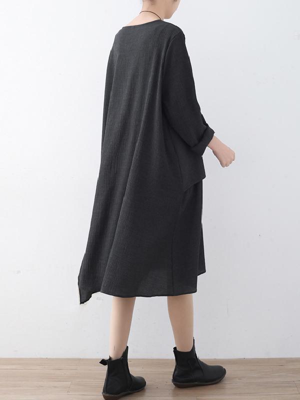 Black Split-joint Round-neck Linen Dress