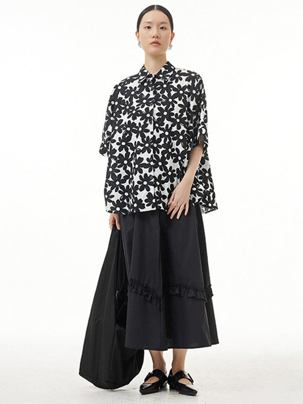 Simple Loose Floral Printed Split-Joint Blouse