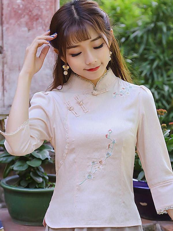 Stand Collar Frog Flower Embroidered Cheongsam Tops