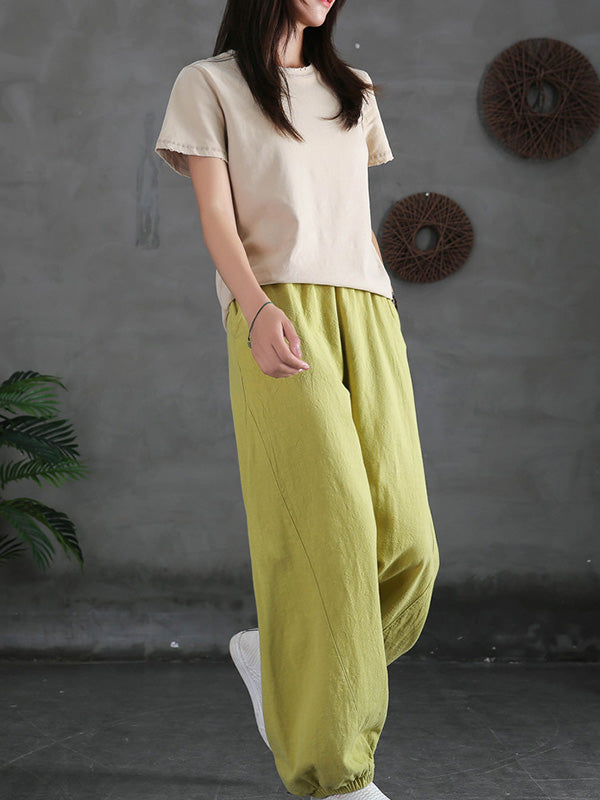 Simple Casual Loose Linen 7 Colors Color Pleated Elasticity Knickerbockers