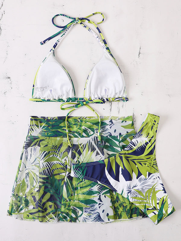 Leaf Printed Halterneck Tied Bikini Swimsuit Three Pieces Set