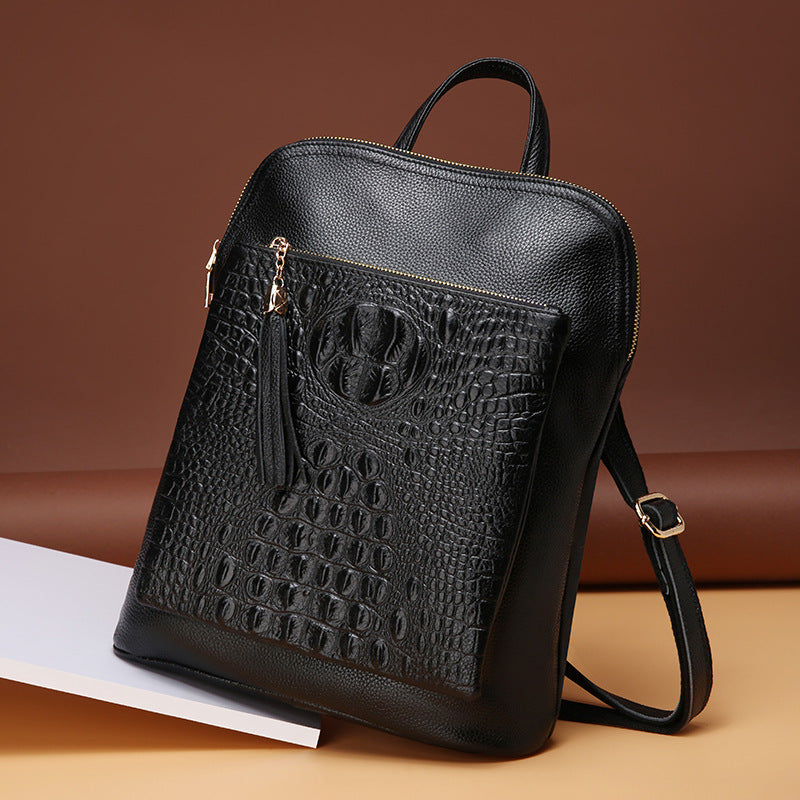 Crocodile pattern shoulder bag with top layer cowhide