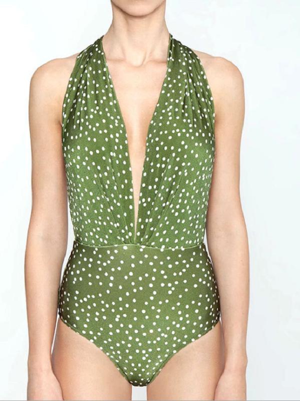 Sexy Deep V- Neck Polka-Dot One-Piece Swimwear