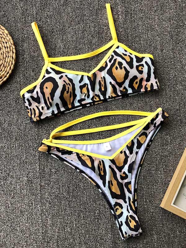 Simple Leopard Plain Bikini Swimsuit