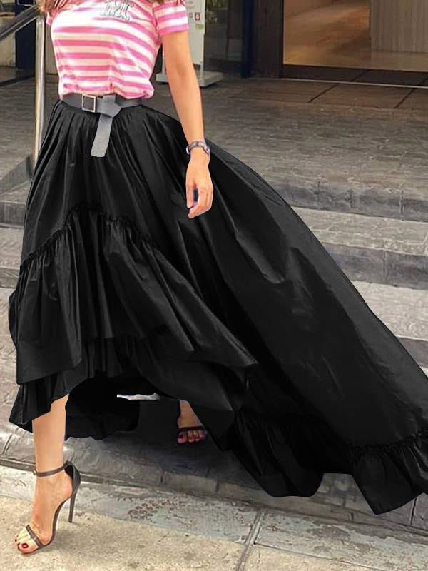 Stylish Solid Color Falbala Pleated Elasticity High-Low Long Skirt